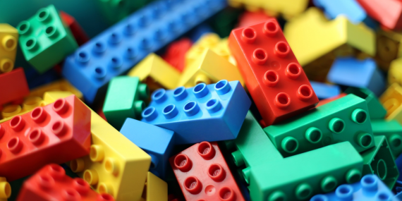 Closeup of a pile of lego bricks in a wide range of colors