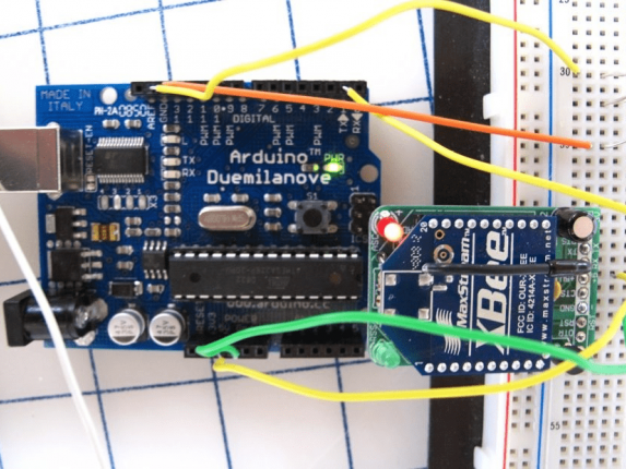 An arduino and some leds connected to a breadboard